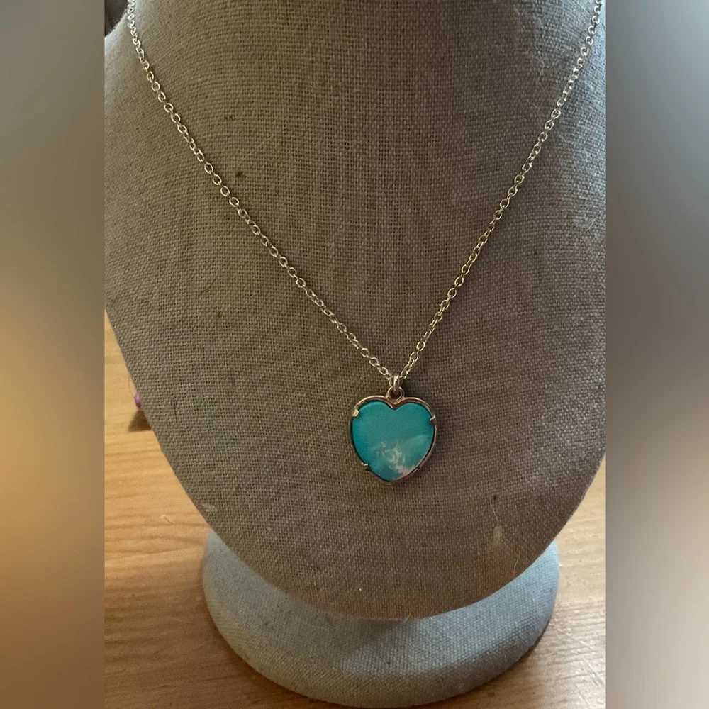 Silver toned/plated synthetic turquoise and Marcasite heart 10” love necklace.